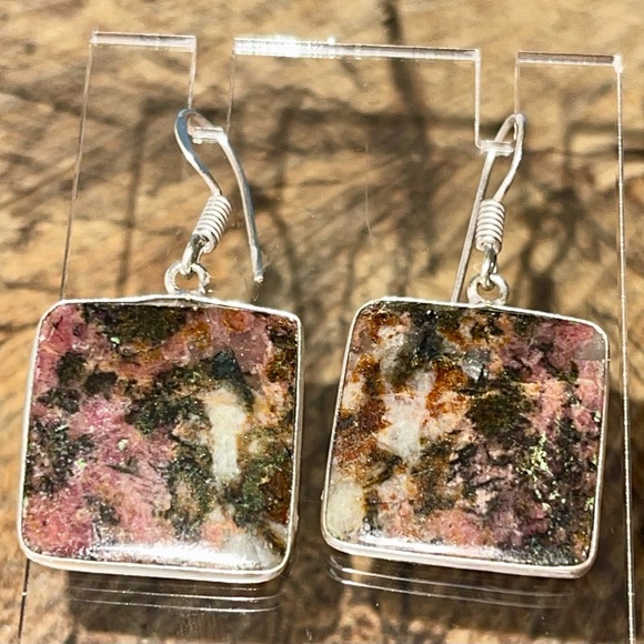 Dainty Square Rhodonite Earrings 1 1/2” - Picture 5 of 10